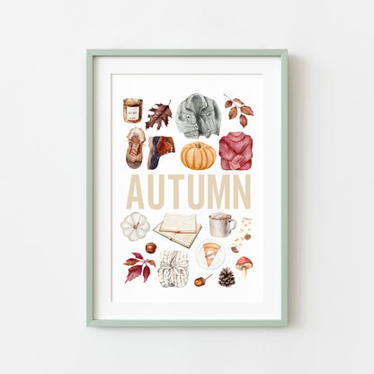 Autumn print, Autumn orange red watercolour autumn favourites seasonal unframed wall art poster print