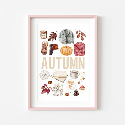 Autumn print, Autumn orange red watercolour autumn favourites seasonal unframed wall art poster print