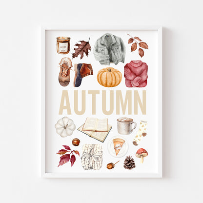Autumn print, Autumn orange red watercolour autumn favourites seasonal unframed wall art poster print