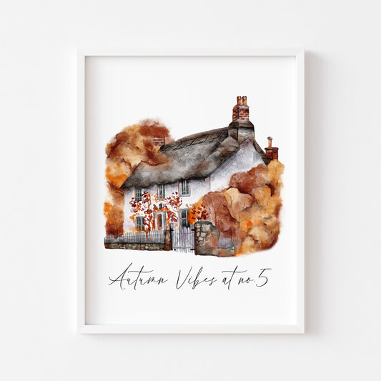 Autumn vibes at no. personalised watercolour autumnal cottage home unframed wall art poster print