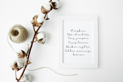 Autumn description, Autumn favourites calligraphy, typography unframed wall art poster print