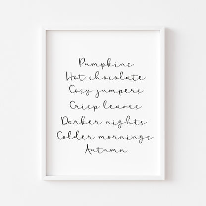 Autumn description, Autumn favourites calligraphy, typography unframed wall art poster print