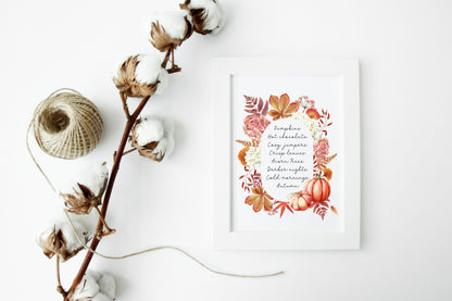Autumn print, autumn description watercolour floral pumpkin wreath unframed wall art poster print