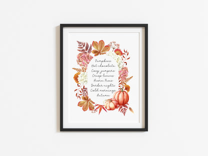 Autumn print, autumn description watercolour floral pumpkin wreath unframed wall art poster print