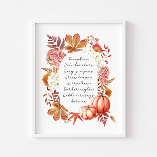 Autumn print, autumn description watercolour floral pumpkin wreath unframed wall art poster print