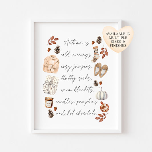 Autumn print, Autumn favourites watercolour autumn favourites unframed wall art poster print