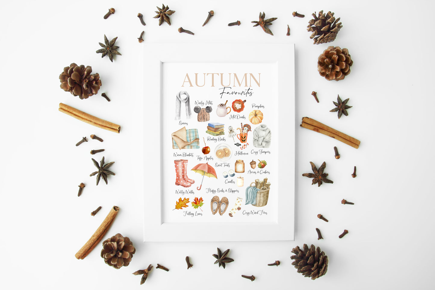 Autumn favourites, watercolour illustrations autumn essentials seasonal fall unframed wall art poster print