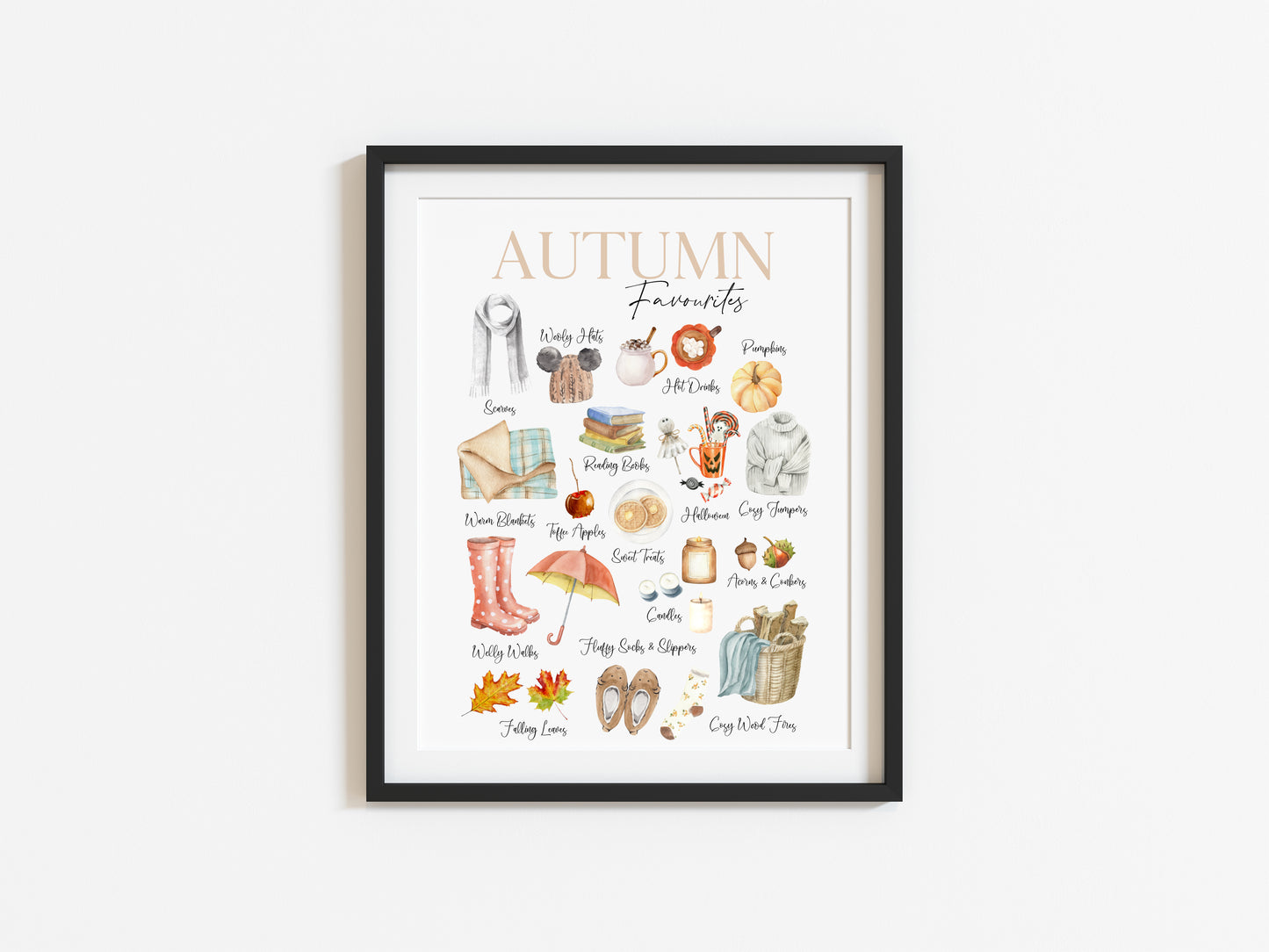 Autumn favourites, watercolour illustrations autumn essentials seasonal fall unframed wall art poster print