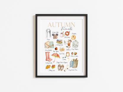 Autumn favourites, watercolour illustrations autumn essentials seasonal fall unframed wall art poster print