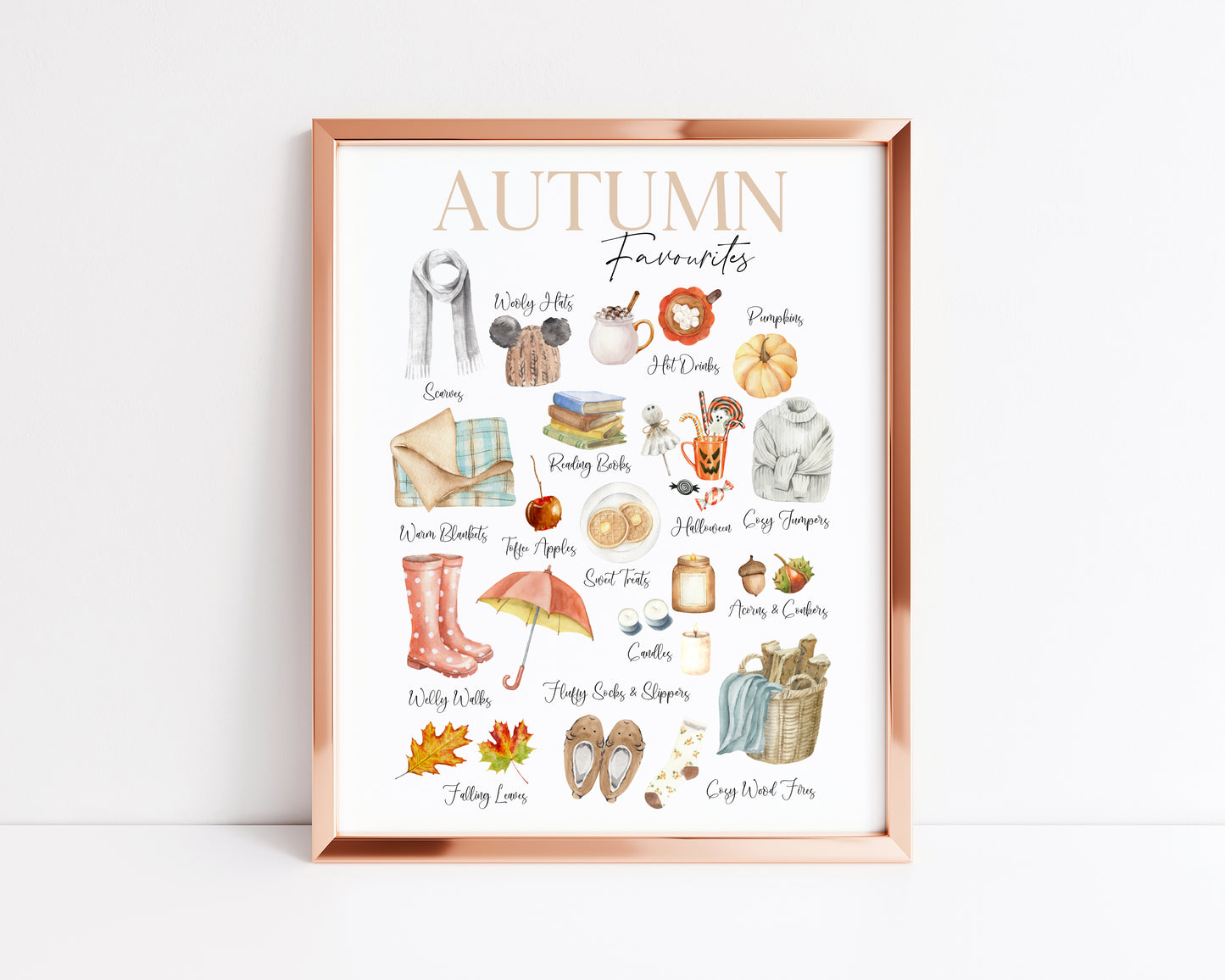 Autumn favourites, watercolour illustrations autumn essentials seasonal fall unframed wall art poster print