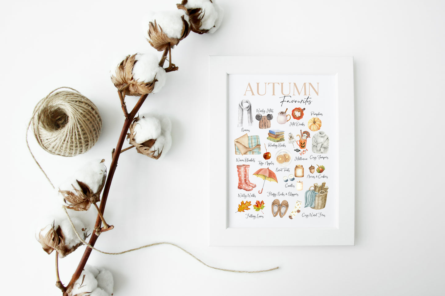 Autumn favourites, watercolour illustrations autumn essentials seasonal fall unframed wall art poster print