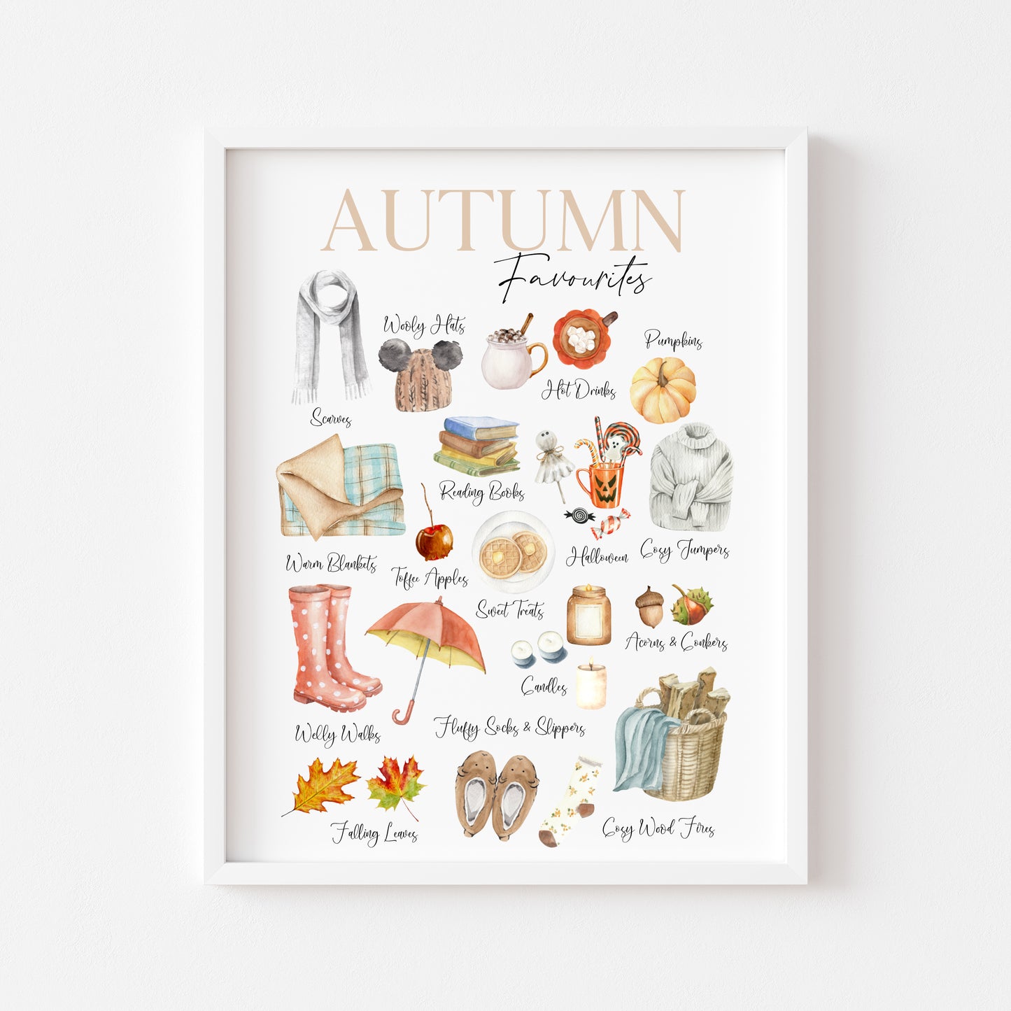 Autumn favourites, watercolour illustrations autumn essentials seasonal fall unframed wall art poster print