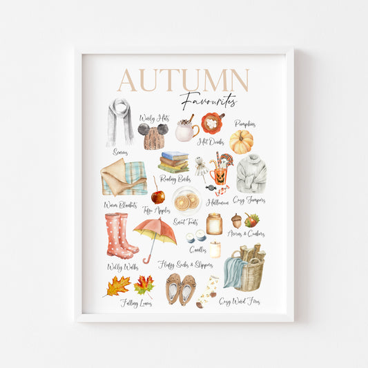 Autumn favourites, watercolour illustrations autumn essentials seasonal fall unframed wall art poster print