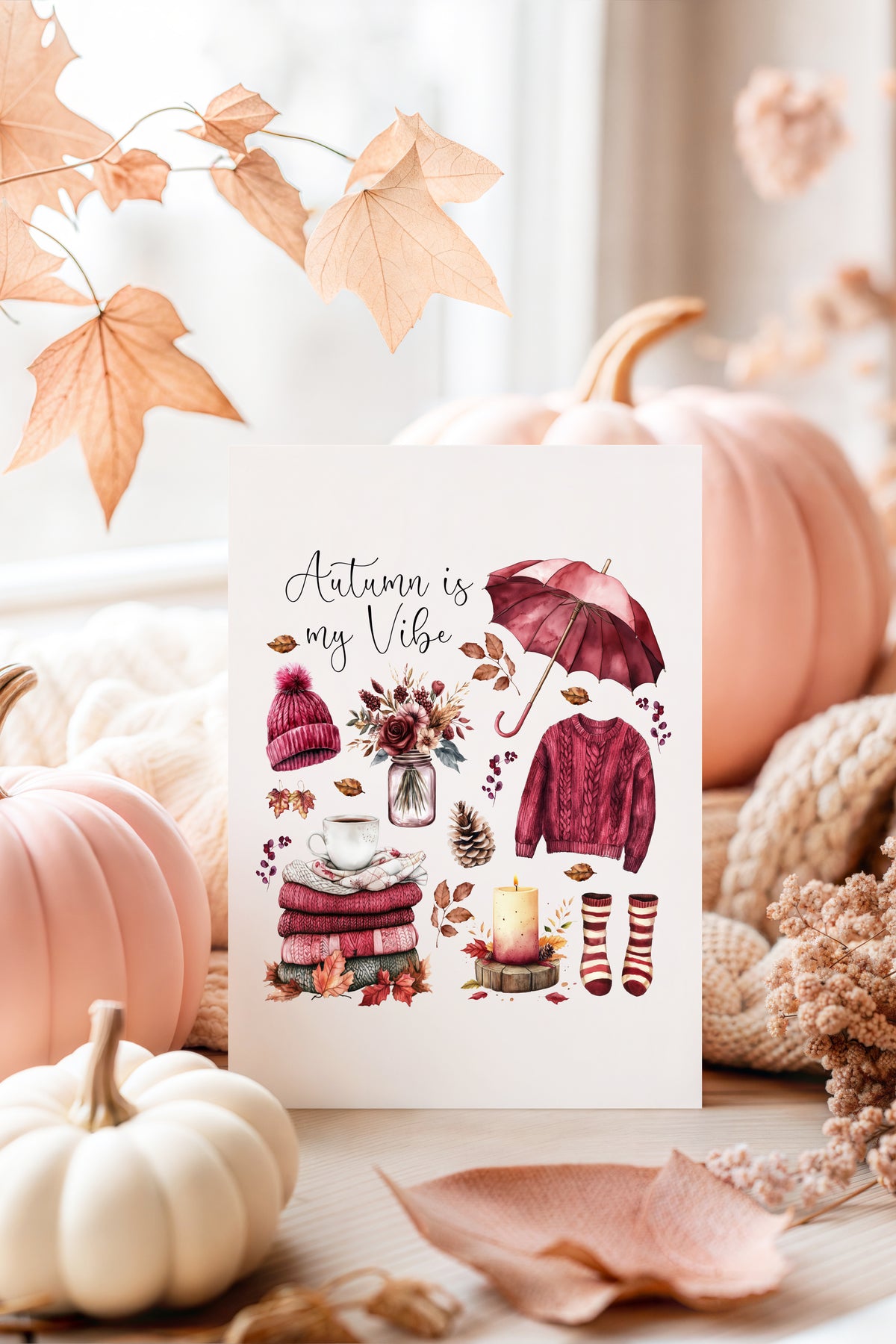 Autumn Favourites Print Cosy Home Decor burgundy beige seasonal wall art poster (unframed)