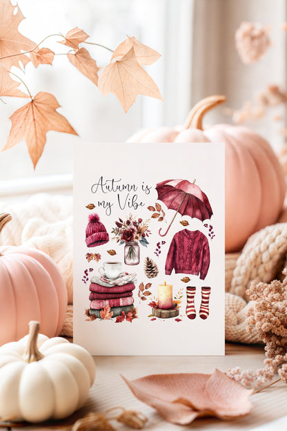 Autumn Favourites Print Cosy Home Decor burgundy beige seasonal wall art poster (unframed)