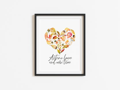 Autumn leaves and acorn trees autumn watercolour heart seasonal unframed wall art poster print