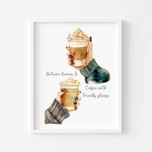 Autumn Coffee and Friends watercolour Art Print Cosy Beige Fall Decor unframed wall art poster