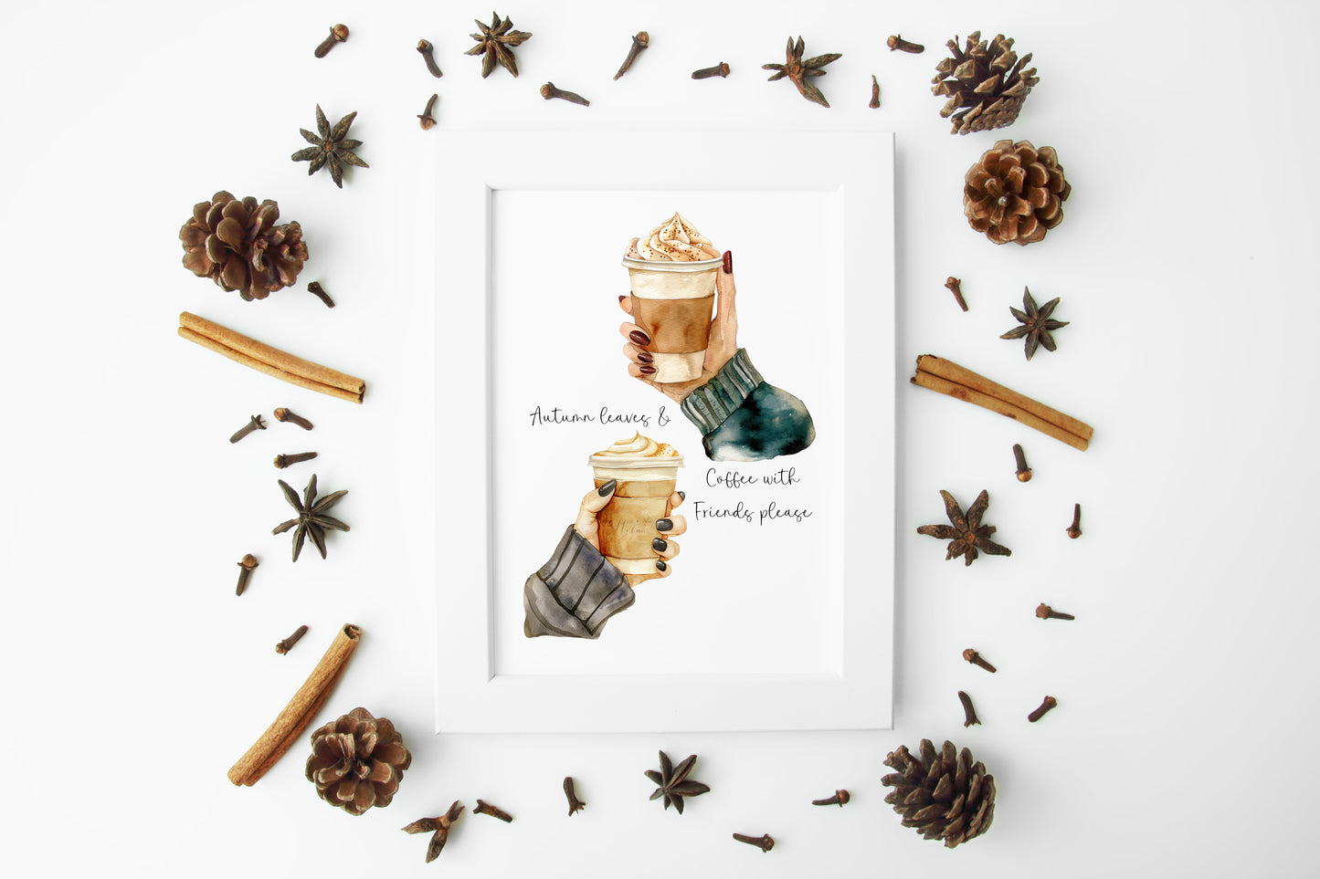 Autumn Coffee and Friends watercolour Art Print Cosy Beige Fall Decor unframed wall art poster