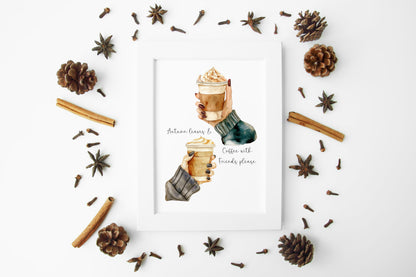Autumn Coffee and Friends watercolour Art Print Cosy Beige Fall Decor unframed wall art poster