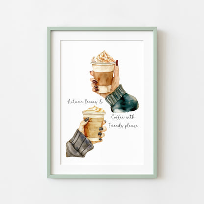 Autumn Coffee and Friends watercolour Art Print Cosy Beige Fall Decor unframed wall art poster