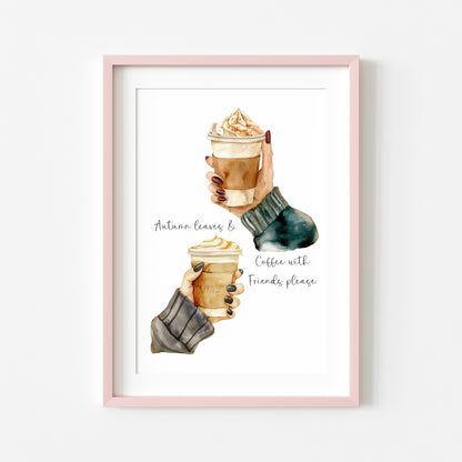Autumn Coffee and Friends watercolour Art Print Cosy Beige Fall Decor unframed wall art poster