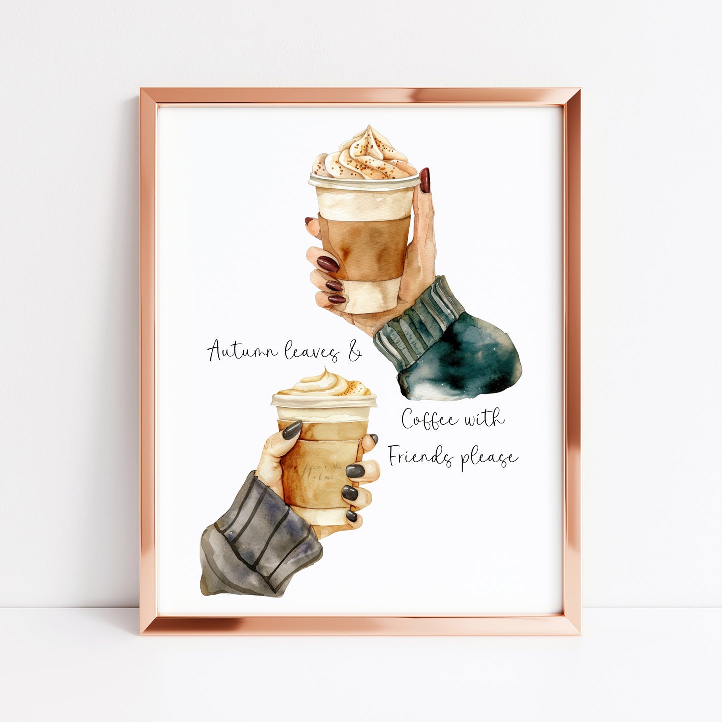 Autumn Coffee and Friends watercolour Art Print Cosy Beige Fall Decor unframed wall art poster