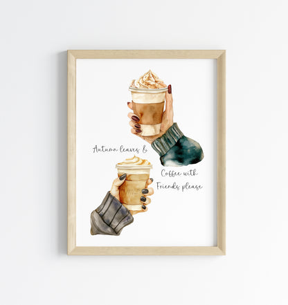 Autumn Coffee and Friends watercolour Art Print Cosy Beige Fall Decor unframed wall art poster