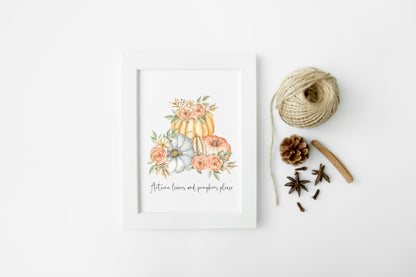 Autumn leaves and pumpkins please floral orange blue pumpkin watercolour seasonal home unframed wall art poster print