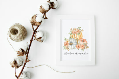 Autumn leaves and pumpkins please floral orange blue pumpkin watercolour seasonal home unframed wall art poster print