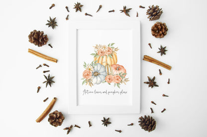 Autumn leaves and pumpkins please floral orange blue pumpkin watercolour seasonal home unframed wall art poster print