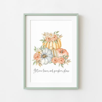 Autumn leaves and pumpkins please floral orange blue pumpkin watercolour seasonal home unframed wall art poster print
