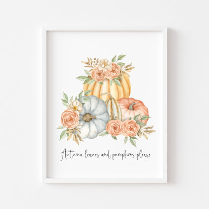 Autumn leaves and pumpkins please floral orange blue pumpkin watercolour seasonal home unframed wall art poster print