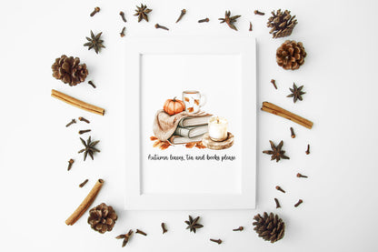 Autumn print, Autumn leaves tea & books please unframed wall art poster print, autumn decor, autumn home decor, fall favourites, book prints