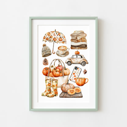 Autumn favourites, Autumn cosy orange green rusty fall autumn vibes unframed wall art poster print, autumn home decor autumn mood board