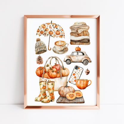 Autumn favourites, Autumn cosy orange green rusty fall autumn vibes unframed wall art poster print, autumn home decor autumn mood board