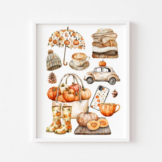 Autumn favourites, Autumn cosy orange green rusty fall autumn vibes unframed wall art poster print, autumn home decor autumn mood board