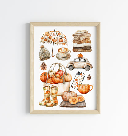 Autumn favourites, Autumn cosy orange green rusty fall autumn vibes unframed wall art poster print, autumn home decor autumn mood board