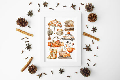 Autumn favourites, Autumn cosy orange green rusty fall autumn vibes unframed wall art poster print, autumn home decor autumn mood board