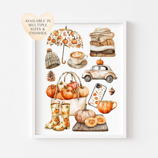 Autumn favourites, Autumn cosy orange green rusty fall autumn vibes unframed wall art poster print, autumn home decor autumn mood board