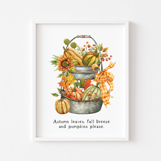 Autumn leaves, fall Breeze and Pumpkins please orange green tiered tray unframed wall art poster print, autumn home decor autumn accessories