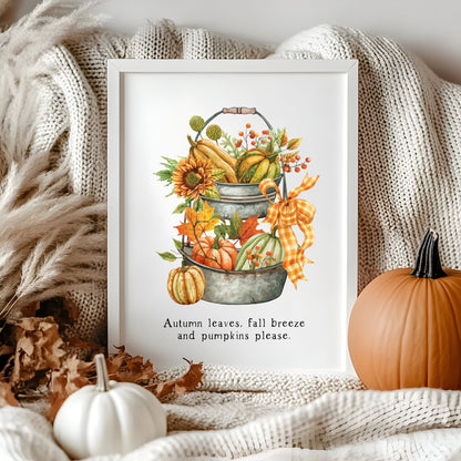 Autumn leaves, fall Breeze and Pumpkins please orange green tiered tray unframed wall art poster print, autumn home decor autumn accessories