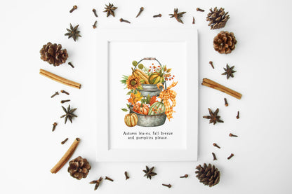 Autumn leaves, fall Breeze and Pumpkins please orange green tiered tray unframed wall art poster print, autumn home decor autumn accessories