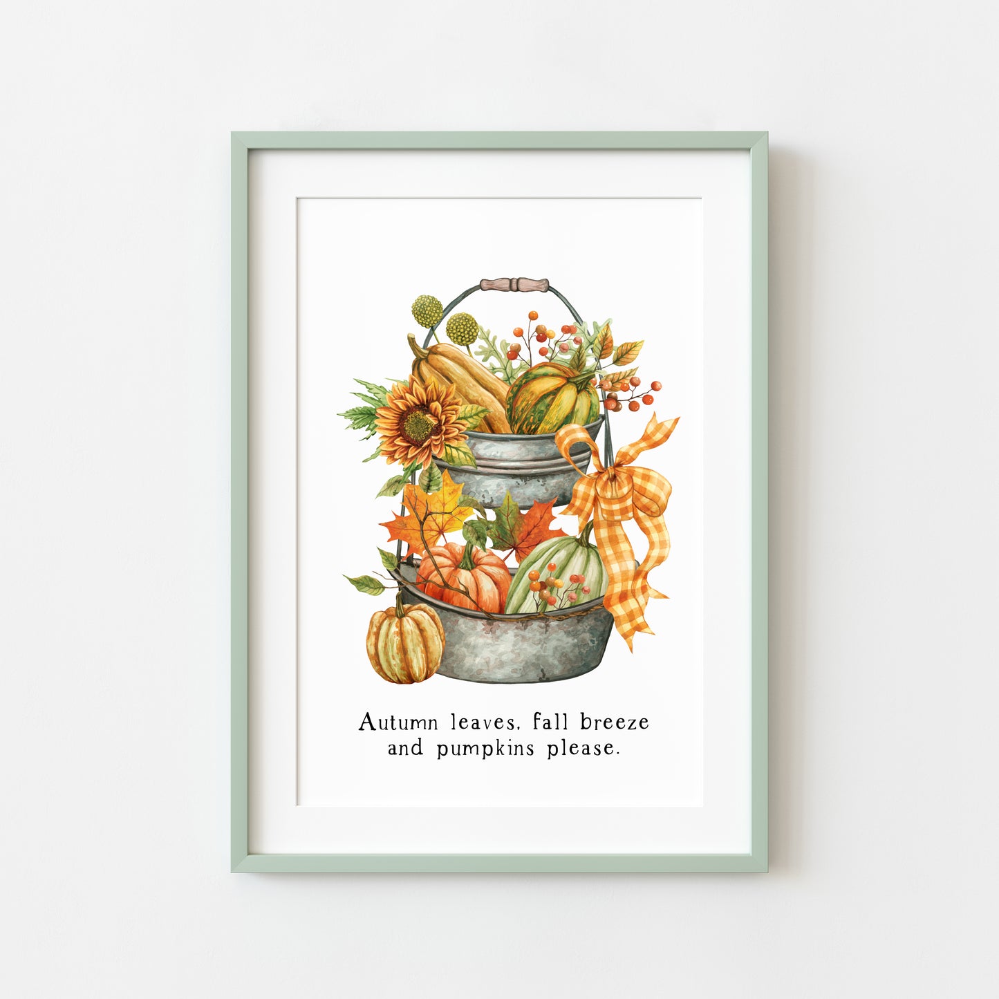 Autumn leaves, fall Breeze and Pumpkins please orange green tiered tray unframed wall art poster print, autumn home decor autumn accessories