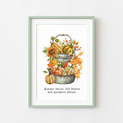 Autumn leaves, fall Breeze and Pumpkins please orange green tiered tray unframed wall art poster print, autumn home decor autumn accessories