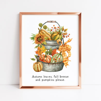 Autumn leaves, fall Breeze and Pumpkins please orange green tiered tray unframed wall art poster print, autumn home decor autumn accessories