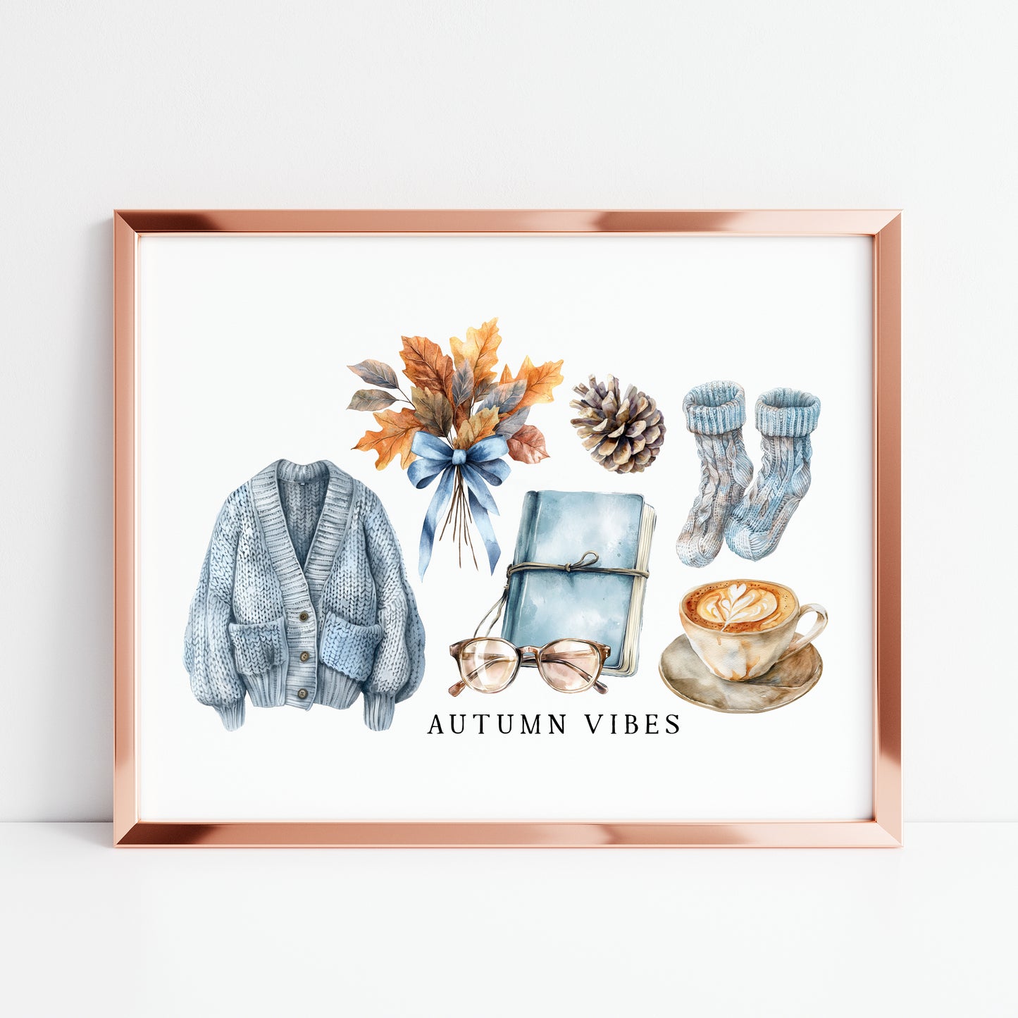 Autumn Vibes, blue cardi jumper acorns pumpkins coffee cosy Autumn landscape unframed wall art poster print, autumn home decor autumn decor