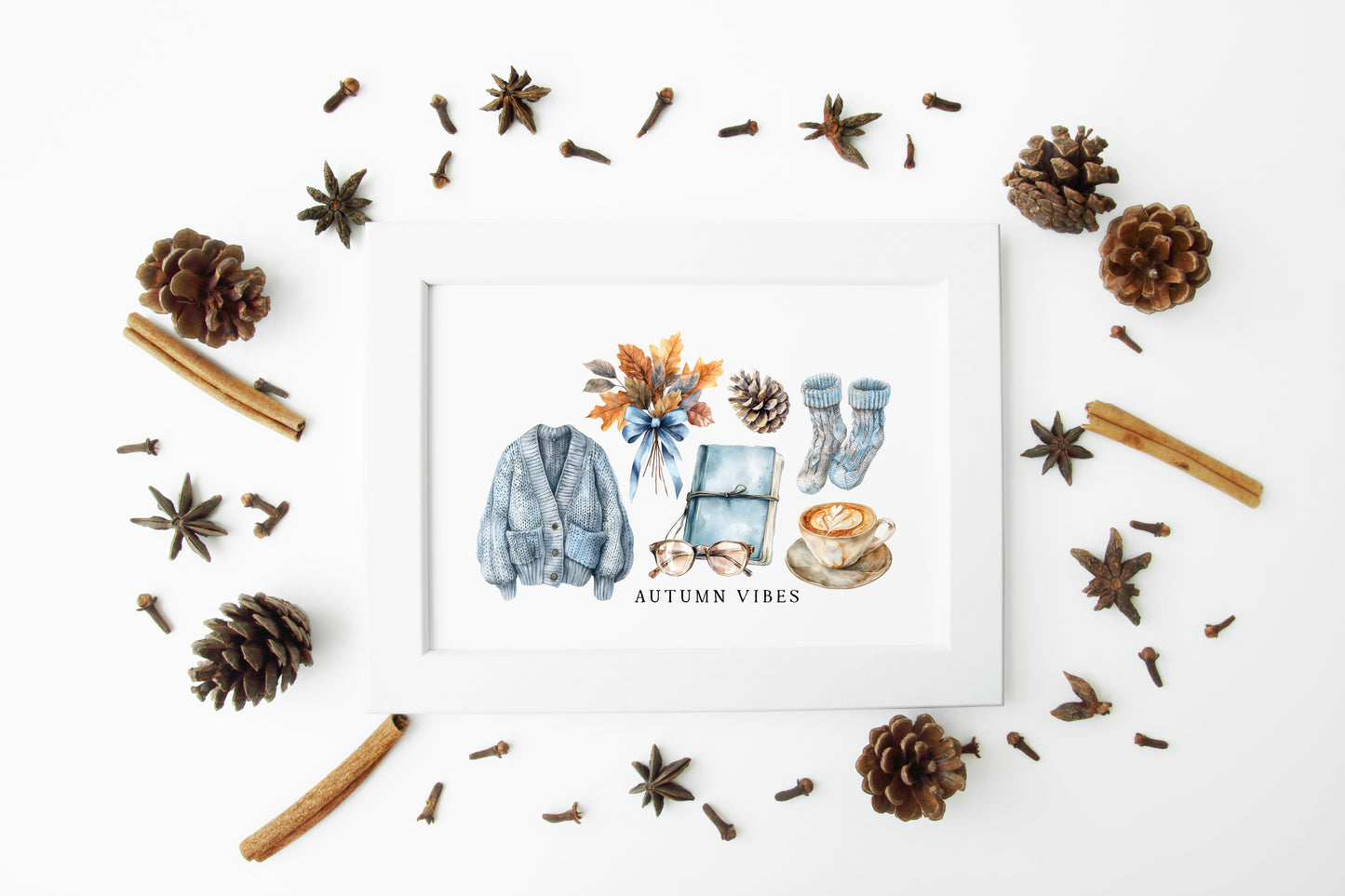 Autumn Vibes, blue cardi jumper acorns pumpkins coffee cosy Autumn landscape unframed wall art poster print, autumn home decor autumn decor