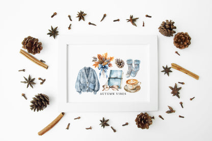 Autumn Vibes, blue cardi jumper acorns pumpkins coffee cosy Autumn landscape unframed wall art poster print, autumn home decor autumn decor