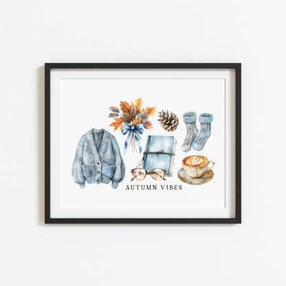 Autumn Vibes, blue cardi jumper acorns pumpkins coffee cosy Autumn landscape unframed wall art poster print, autumn home decor autumn decor
