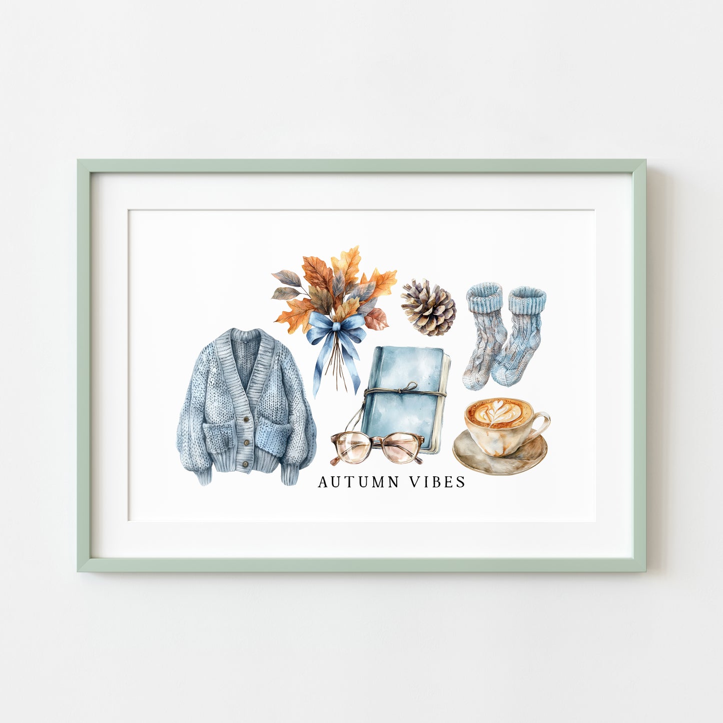 Autumn Vibes, blue cardi jumper acorns pumpkins coffee cosy Autumn landscape unframed wall art poster print, autumn home decor autumn decor